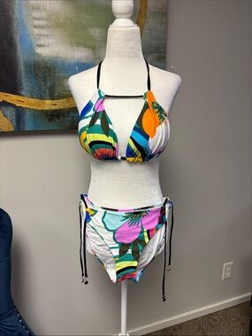 La Blanca Bold Floral & Stripe Halter Bikini in White, Pink, Orange, Green, Blue